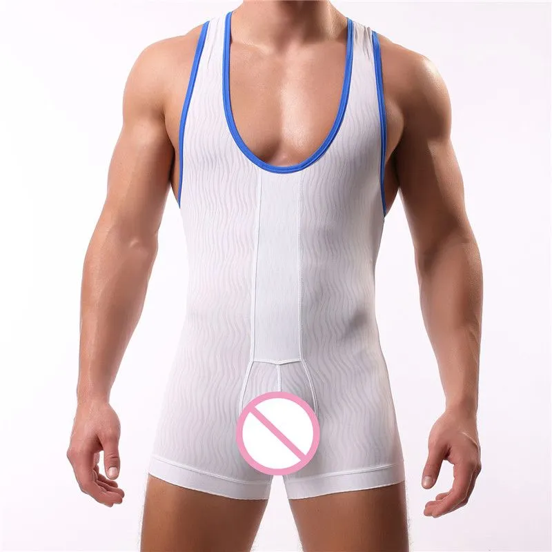 Mens Undershirts Sexy Underwear Breathable Mesh Men Bodysuit Men`s Wrestling Singlet Jumpsuit Shorts Men Sleepwear Undershirts