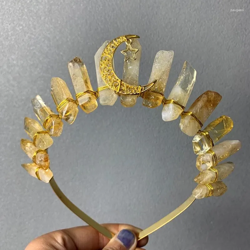 Hair Clips Natural Citrine Crown Headband Moon Diy Handmade Halloween Decorative Quartz Tiaras Wedding Festival Gifts For Her