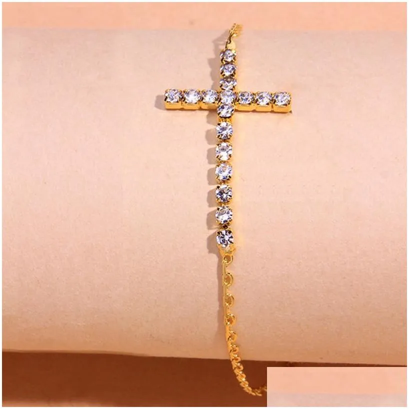 Anklets Fashion Sier Gold Beach Bracelet Women Girls Classic Rhinestone Cross Anklet Summer Holiday Foot Bracelets Jewelry Set Drop D Dhbpr