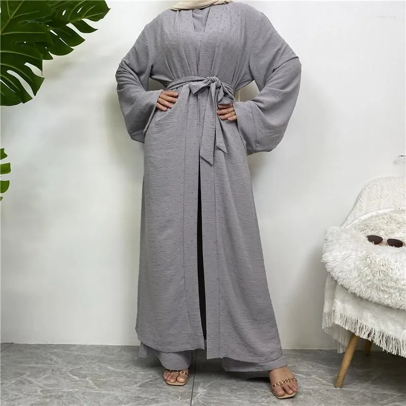 Ethnic Clothing 3 Piece Sets For Muslim Women Long Cardigan Top And Pants With Pockets Islamic Robe Modest Eid Ramadan Abaya Suits