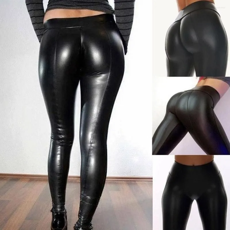 Women`s Pants Women PU Faux Leather Leggings Black High Waist Shiny Bling Stretch Elastic Pencil Trousers