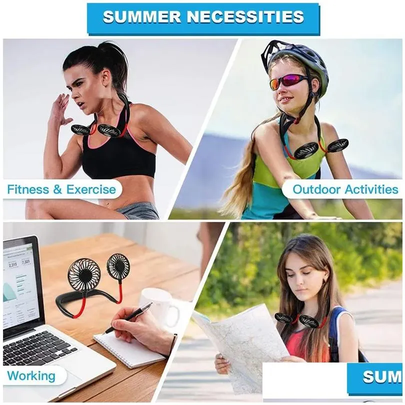 Mini Portable Fan USB Rechargeable Neckband gadgets Lazy Hanging Dual Cooling Mini sport 360 Degree Rotating for Home Office with Flat