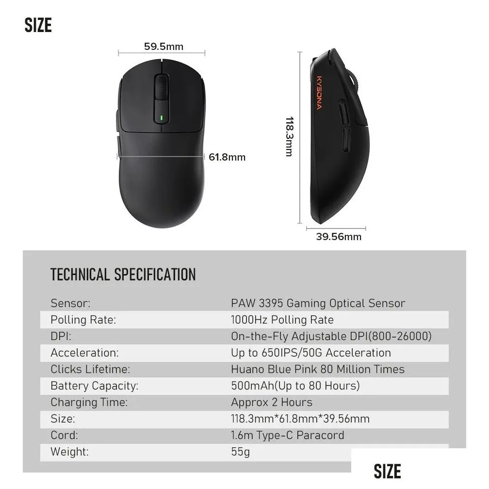 Kysona M600 PAW3395 Wireless Bluetooth Gaming Esports Mouse 55g 26000DPI 6 Buttons Optical PAM3395 Computer Mice For Laptop PC 240314