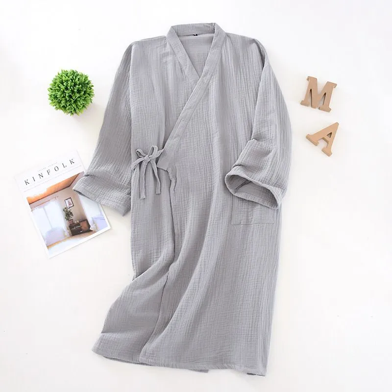 Men`s Kimono Nightgown Cotton Crepe Mens Robe Loose Bathrobe Male Blue Grey Cardigan Home Wear Clothes Sleepwear Men Robe