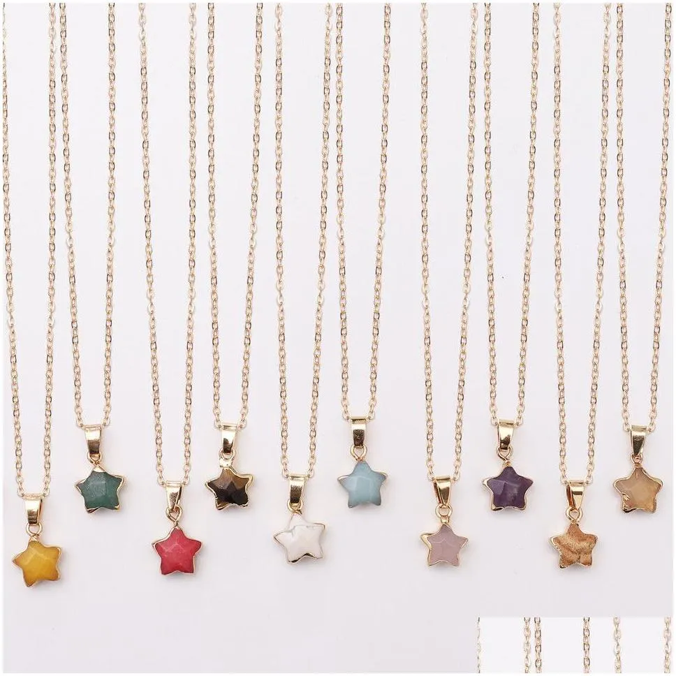 Pendant Necklaces 12 Colors Natural Gemstone Star Fashion Choker Charms Gold Color Metal Collar Necklace For Women Neck Jewelry Drop D Dh0Lt