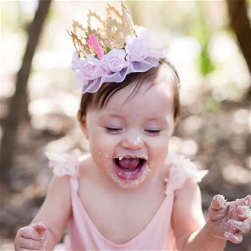 Hair Accessories Fashion Mini Felt Glitter Crown With Flower Headband For Girls Gifts 1st Birthday Party DIY Decorative