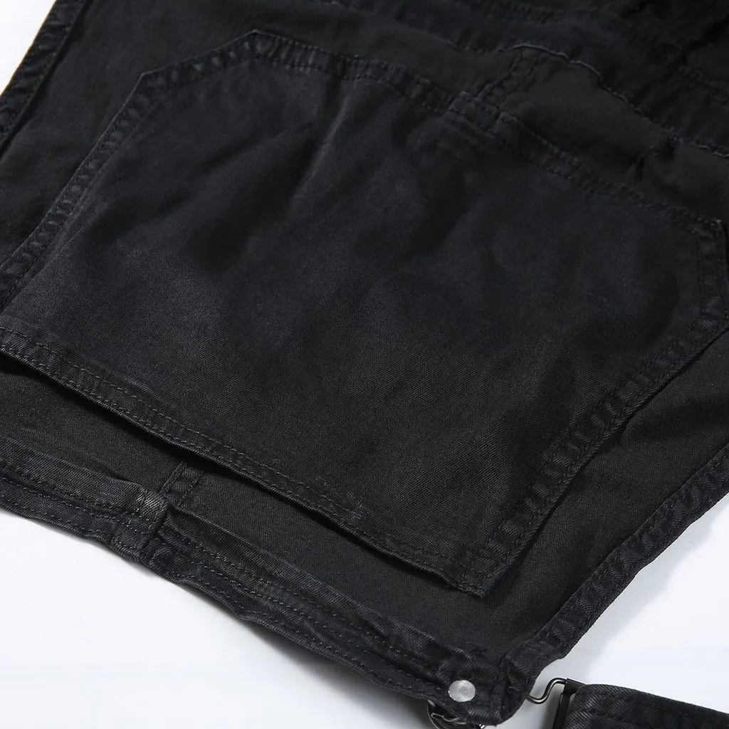 DropShip KLV Men`s Overall Casual Jumpsuit Jeans Wash Broken Pocket Trousers Suspender Pants Mid Skinny Pencil Pants Full Length