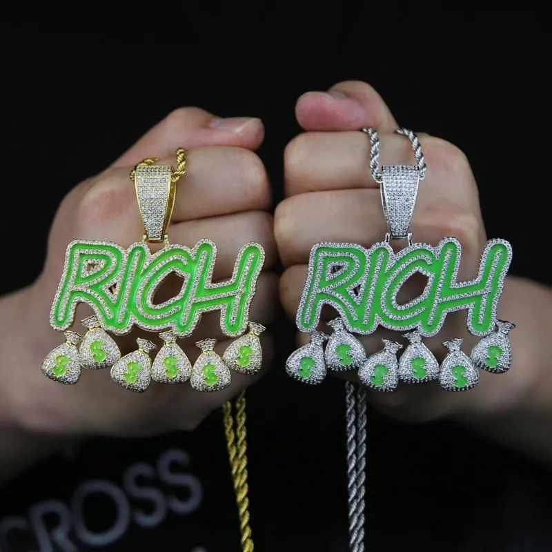 Necklaces Green Enamel Fluorescence Rich Hip Hop Pendant Necklace For Men Micro Paved CZ Luminous Jewelry