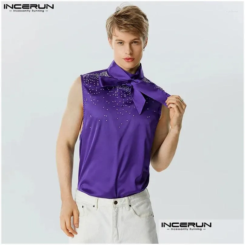 Men`s Tank Tops INCERUN 2024 Men Sequins Shiny Stand Collar Tie Up Fashion Sleeveless Vests Summer Streetwear Party Clothing S-5XL