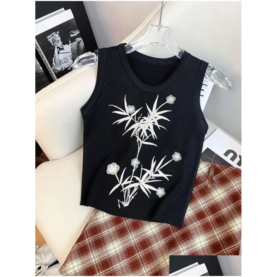 Women`s Tanks 2024 Black Three-Dimensional Mesh Floral Round Neck Vest Design Sense Niche Chic Slimming Girl Trendy