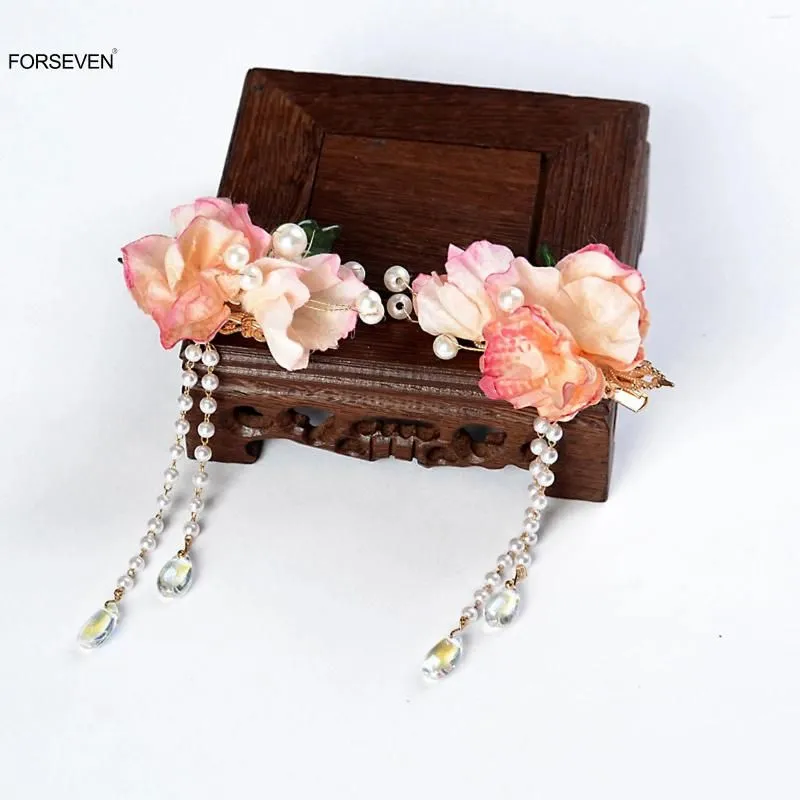 Hair Clips Pink Cotton Flower Hairpins Side Pearl Headpieces Retro Chinese Hairclips Fringe Jewelry For Women Girls Accessories