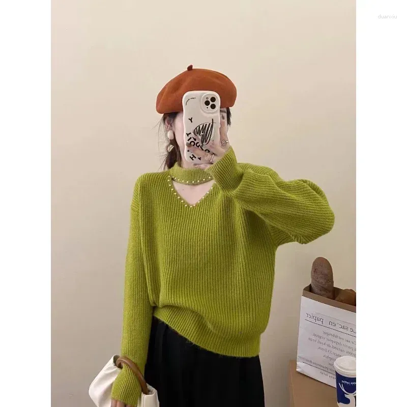 Women`s Sweaters Pullover Sweater Female 2023 Autumn/Winter Studded Hollow Out Solid Design Sexy Round Neck Knitwear Women Slim Top