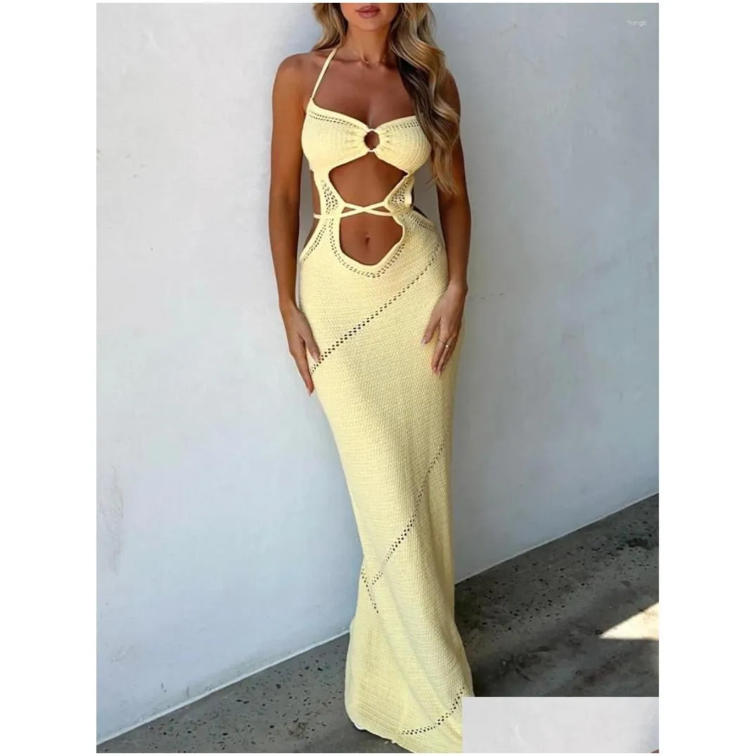 Basic & Casual Dresses Women Hollow Out Y2K Bodycon Mini Dress Cloghet Er Up Knit See Through Beachwear Sundress Drop Delivery Appare Otlgp