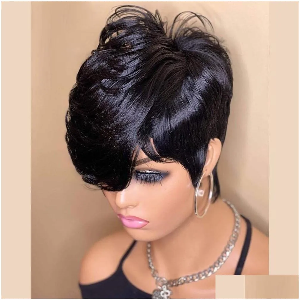 Short Bob Wig Human Hair Pixie Cut Wig for Black Women None Lace Front Wig with Bangs Layered Wavy Full Machine Made Wig 180%density