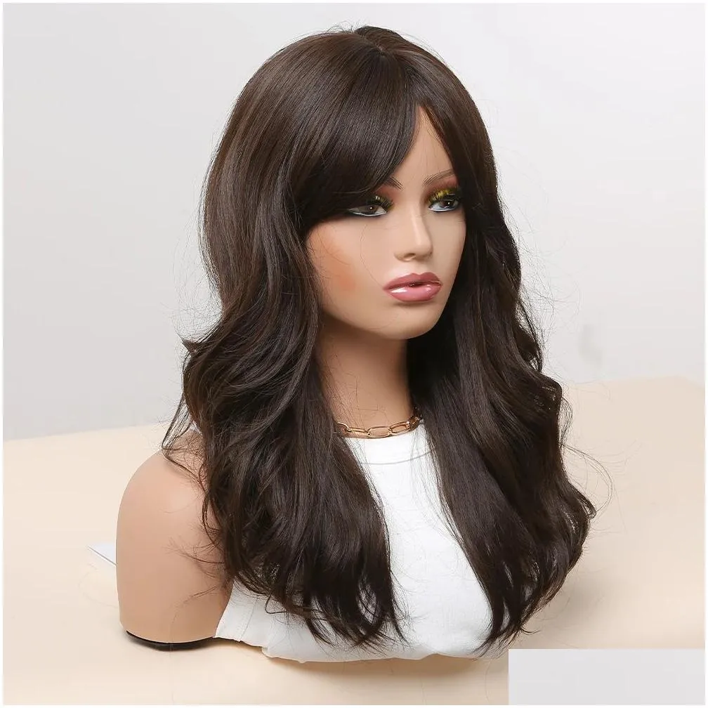 Wigs Middle Long Wavy Synthetic Wig Dark Brown Wigs with Bangs for Women Cosplay Lolita Daily Party Fake Hair Heat Resistant Fibre
