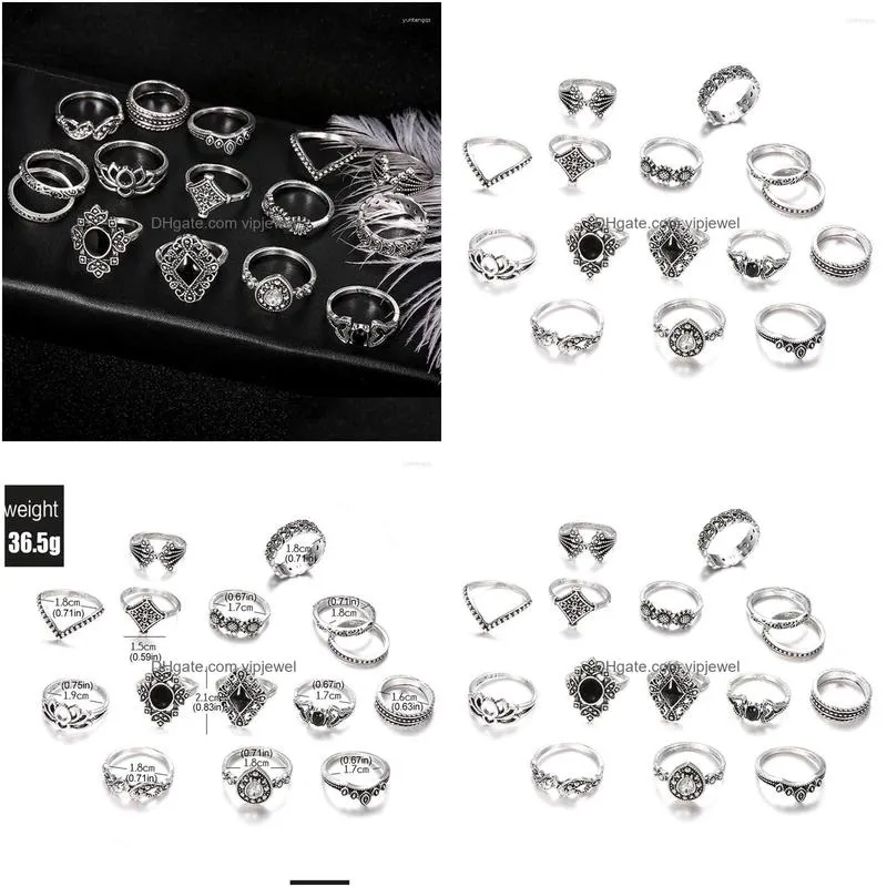 Wedding Rings 15Pcs/Set Bohemian Style Vintage Black Stone Geometric For Women Promise Set Fashion Accessories Banquet Party Gift Dr Dhj5A