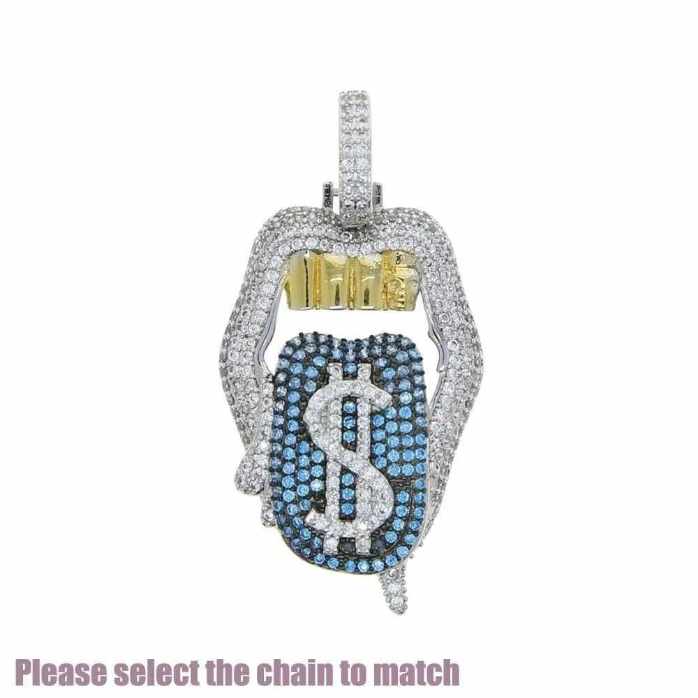 Luxury designer Necklace 14K Copper Tongue Iced Out Bling 5A CZ Sexy Mouth Pendant Dollar Symbol Micro Pave Cubic Zirconia