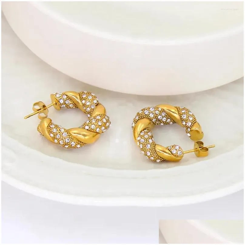 Hoop Earrings 2024 Style 18K Gold Plated Stainless Steel Stylish Bling Crystal Inlaid C-Shaped Ear Jewelry Anti Allergic