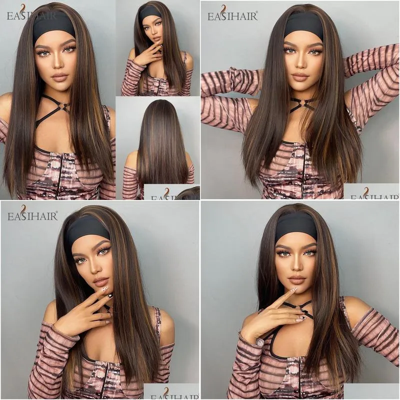 Wigs EASIHAIR Brown Mixed Golden Headband Synthetic Wigs Long Straight Headband Hair Wig for Black Women Daily Cosplay Heat Resistant