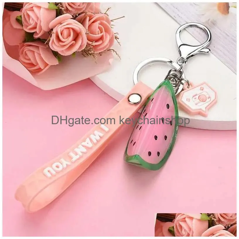 Keychains & Lanyards Creative Fruit Keychain Luminous Watermelon Key Ring Gift For Women Couple Car Bag Pendant Chains R231003 Drop D Dhkpe