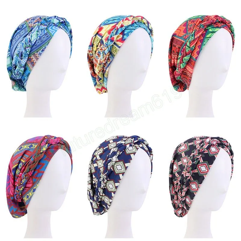 African Pattern Braid Turban Cap Head Wrap Muslim Ethnic Hijab Hat Women`s Loose Stretch Turban Party Colorful Hair Accessories