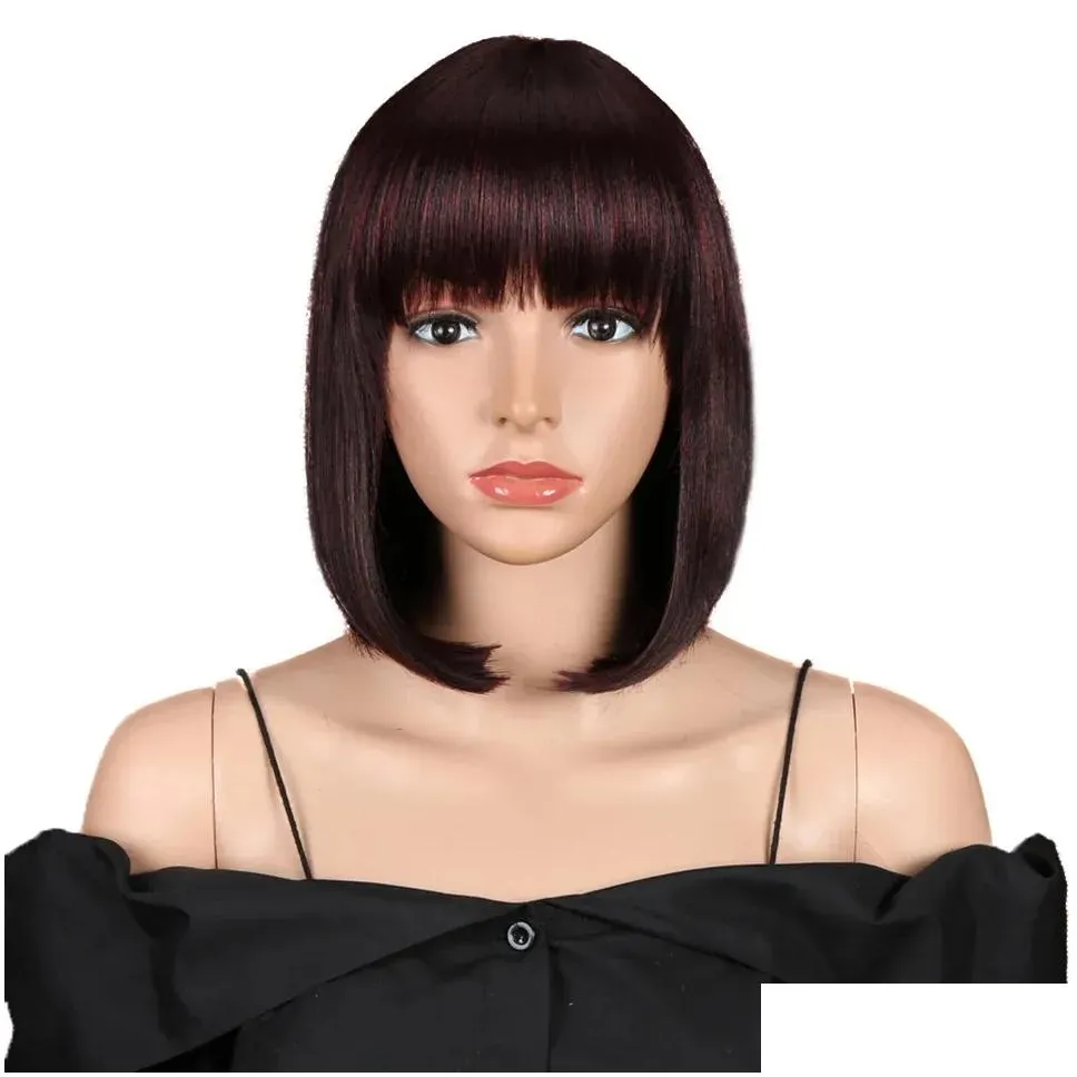 Wigs FASHION IDOL 10 Inch Short Straight Bob Wig Synthetic Bangs for Women Blue Blonde Wig Party Daily Use Shoulder Length Fake Hair