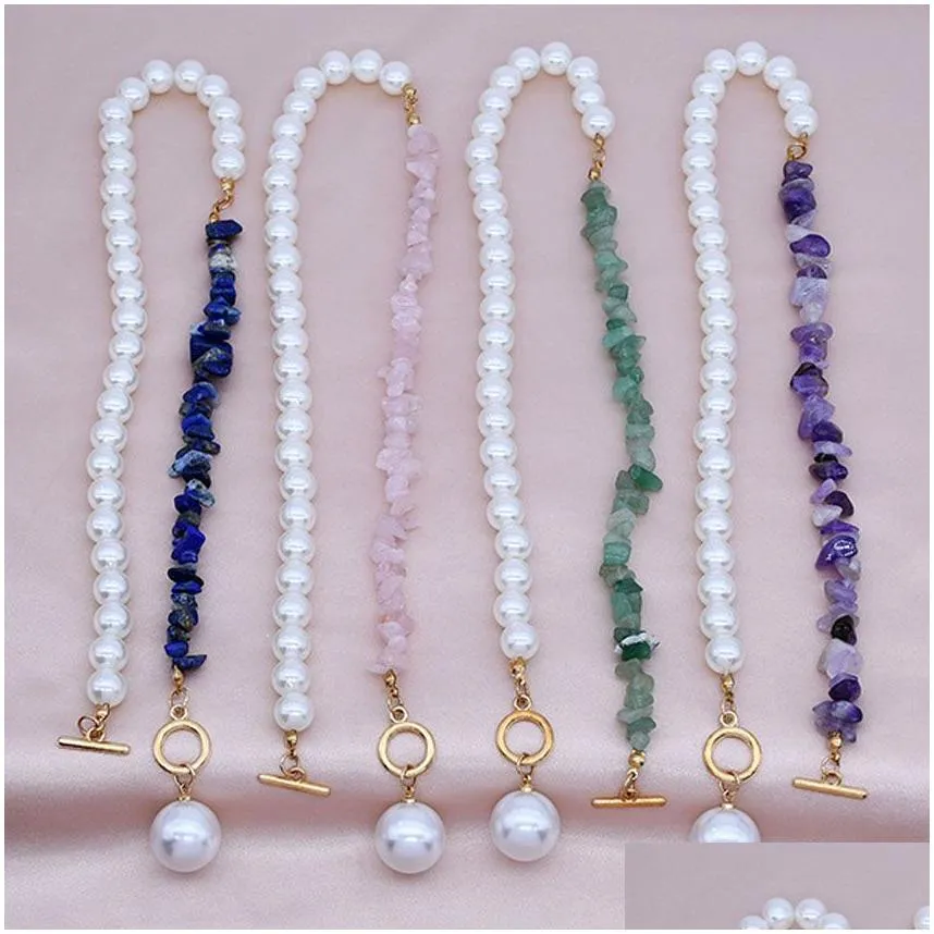 Pendant Necklaces New Fashion Natural Gemstone Pearl Women Rose Amethyst Quartz Choker Charms Gold Color Metal Neck Jewelry Drop Deliv Dhdzo