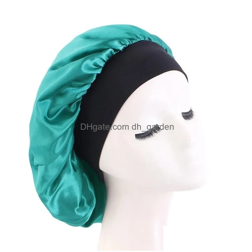 Beanie/Skull Caps New Black Wide Band Satin Bonnet Women Slee Bathroom Night Sleep Cap Hair Hat For Daily Use And Beauty Men Dhgarden Dhya1