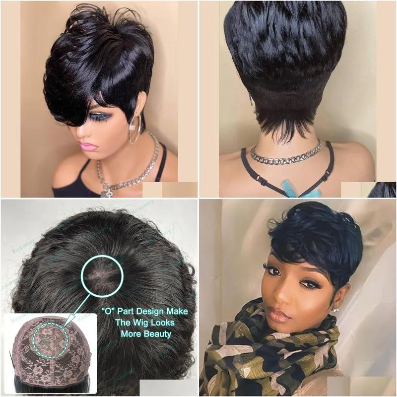 Short Bob Wig Human Hair Pixie Cut Wig for Black Women None Lace Front Wig with Bangs Layered Wavy Full Machine Made Wig 180%density