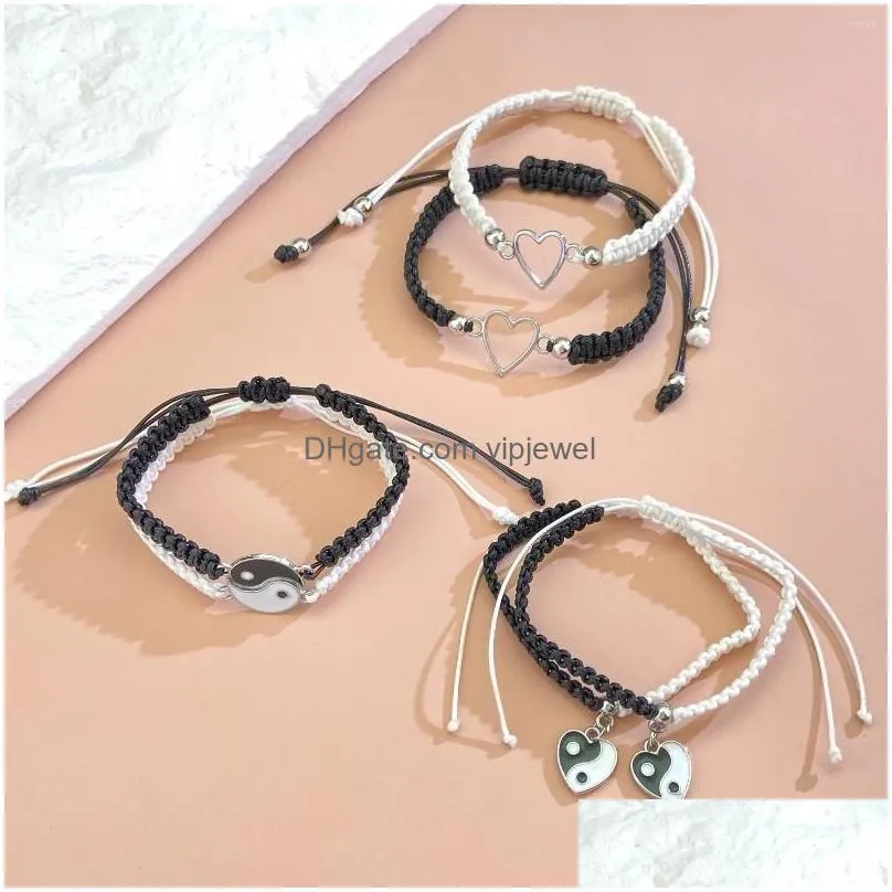 Charm Bracelets 2Pcs Tai Chi Heart Bracelet Set For Couple Men Women Chinese Style Bagua Handwoven Bangle Bff Jewelry Gift 2024 Drop Dhtpg