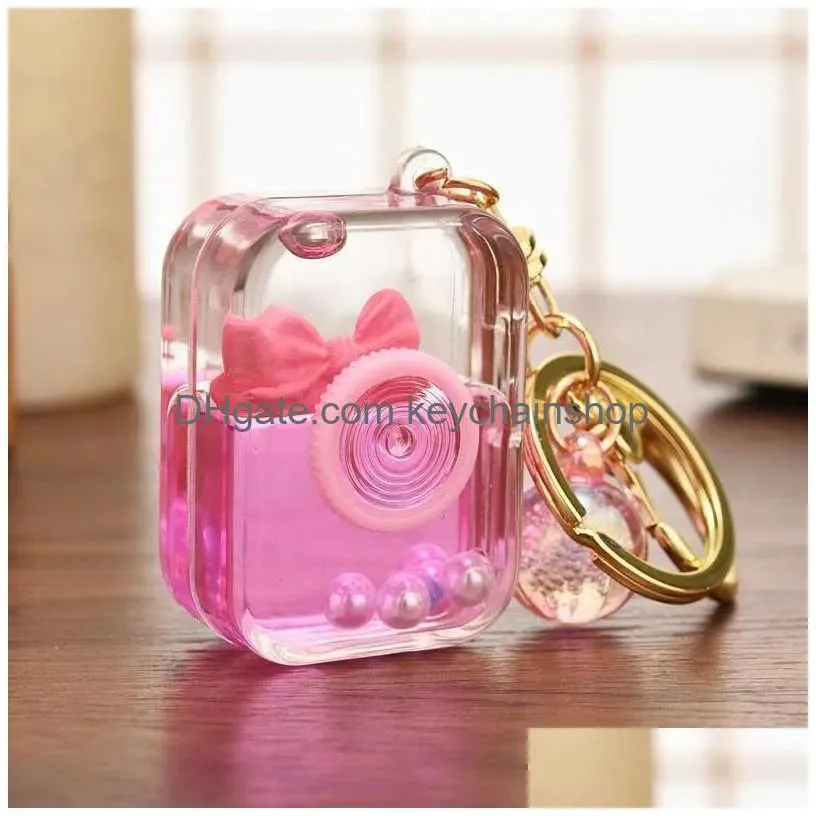 Keychains & Lanyards 2Pcs Cute Floating Bow Square Bottle Keyring Creative Camera Keychain Gift Women Couple Bag Pendant Key Drop Del Dhpfe