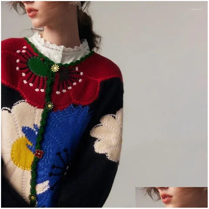 Women`s Down Vintage Flower Embroidery Knitted Top High Quality Women Fashion Cardigan 2024 Autumn/Winter In Chic Sweater Coat