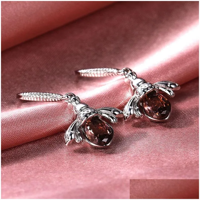 Dangle & Chandelier 925 Sier Color Crystal Little Bees Earrings Fashion Female Champagne Crystals Animal Style Earring Jewelry Wholes Dh5Ne