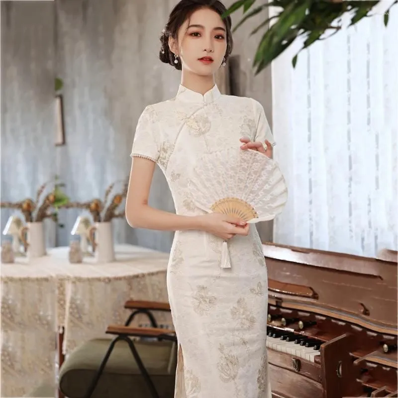 Ethnic Clothing Classic Elegant White Female Qipao Vintgae Mandarin Collar Lace Flower Cheongsam Sexy Split Vestidos Traditional
