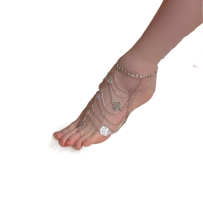 Anklets Multilayer Mesh Tassel Toe Anklet Vintage Electroplate Foot Jewelry Alloy Exotic Charm Court Style Bracelet COS