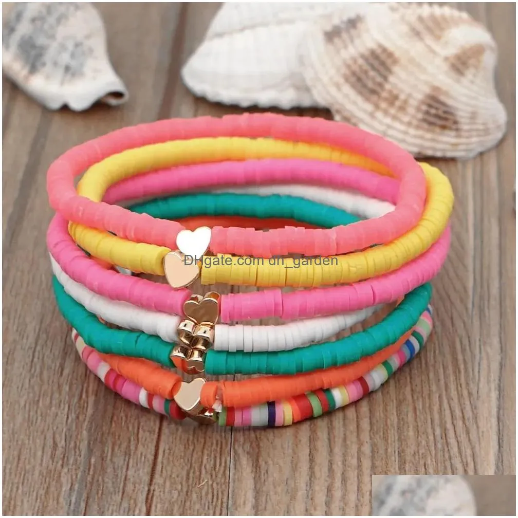 Beaded Heishi Bracelets Set Beads Strands Rainbow Gold Love Heart Charm Stretch 4Mm Soft Clay Stackable Boho Wristbands Gif Dhgarden Dhlme