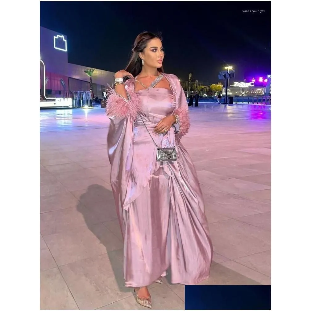 Ethnic Clothing Morocco Muslim Dress 3 Piece Set Abaya Kaftans Feather Evening Dresses Women Dubai Turkey Islam Long Robe Femme Drop