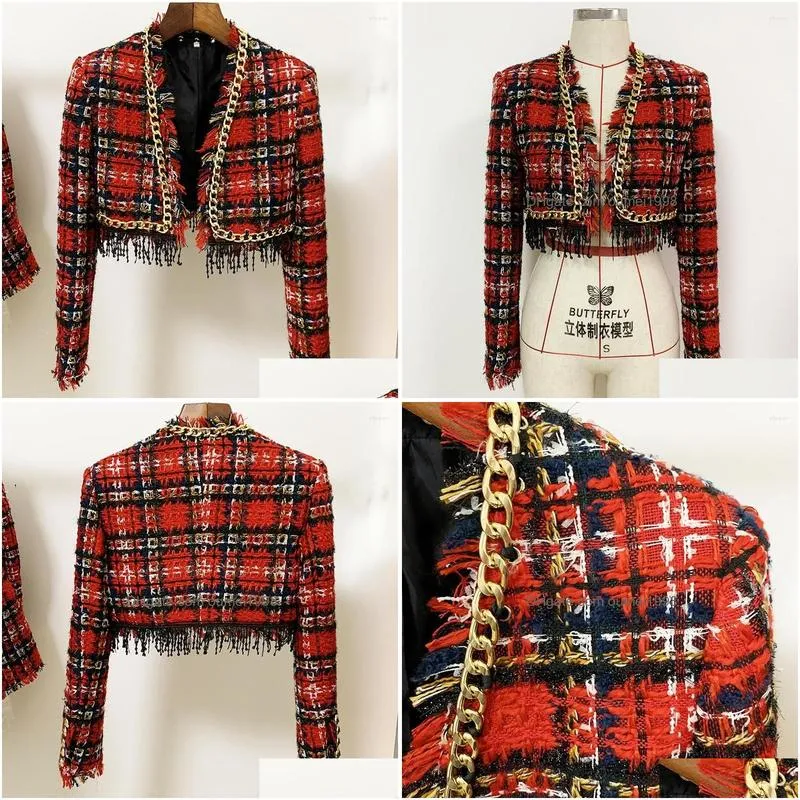 Women`S Jackets Womens June Lips High Street 2023 Classic Designer Long-Sleeved Red Plaid Jacket Fringed T Drop Delivery Apparel Cloth Dhuoh