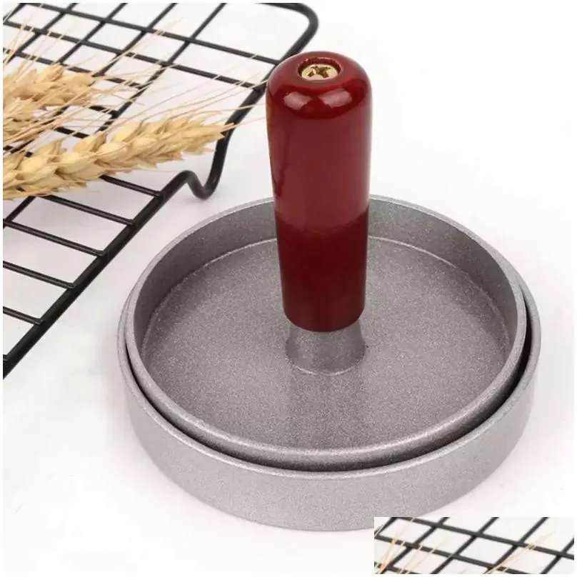 Meat & Poultry Tools Aluminum Alloy Round Shape Hamburger Press Kitchen Tool Wooden Handle Non-Stick Burger Maker Hamburgers Mold Beef Dhqnk