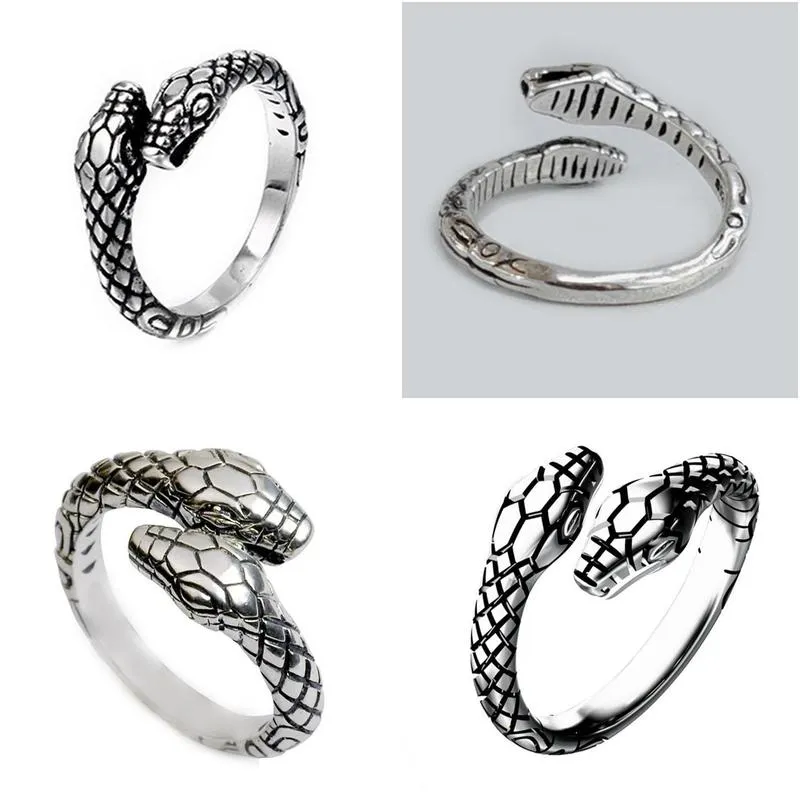 Band Rings Vintage Men Womens Opening Resizable Double Head Snake 925 Sier Punk Hip Hop Jewelry Rap Rock Cture Animals Shape Ring Dro Dhoxr