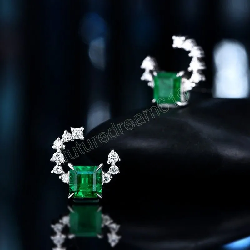 Luxury Simulation Zambia Emerald Earrings Geometric Design 925 Silver Needle Stud Earring Fine Ear Accessories For Women