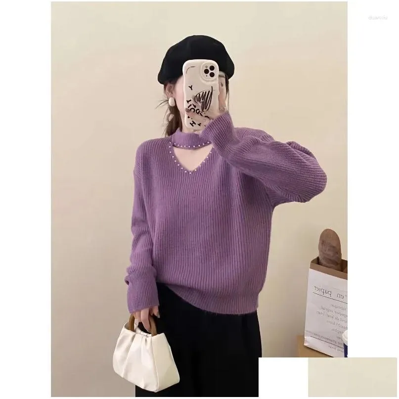 Women`s Sweaters Pullover Sweater Female 2023 Autumn/Winter Studded Hollow Out Solid Design Sexy Round Neck Knitwear Women Slim Top