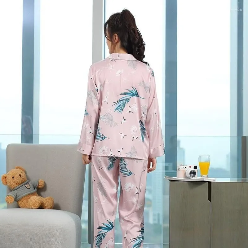 Women`s Sleepwear Ins Style Pink Ice Silk Pajamas Autumn Long Sleeved Trousers Two-piece Suit Household Clothes 2992