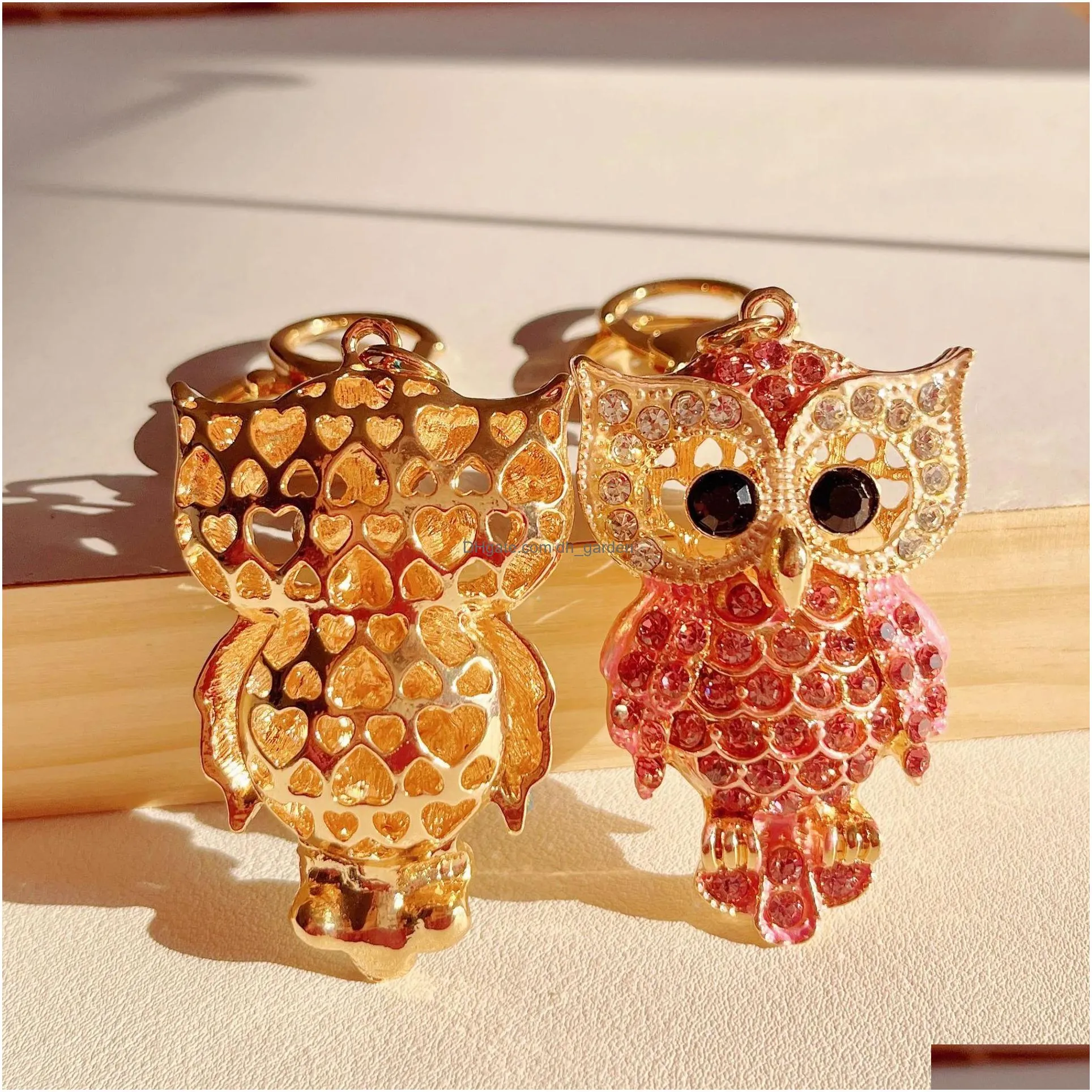 Key Rings Cute Owl Keyrings Luxury Crystal Rhinestone Animal Keychains Holder For Women Fashion Gold Cartoon Car Chains Bag Dhgarden Dhbhz