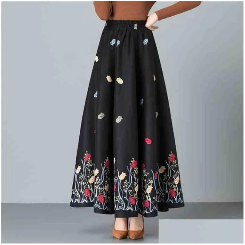 Skirts Mom Elegant Embroidered Maxi Pleated Skirt Women Plus Size Winter Warm Woolen Long Lady High Waist Casual Wool Office Drop Del Oteih