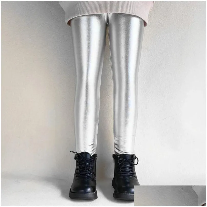 Trousers Autumn Winter Fleece Plus Girls Pants Shiny Gold Silver Long Kids Boys Warm Leggings For Children