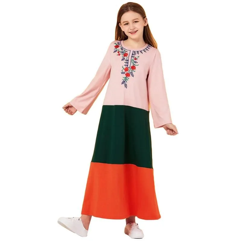 Kids Girls Long Dress Muslim Abaya Dubai Kaftan Children Islamic Jilbab Flower Embroidery Burqa Maxi Cocktail Robe Gown Ramadan