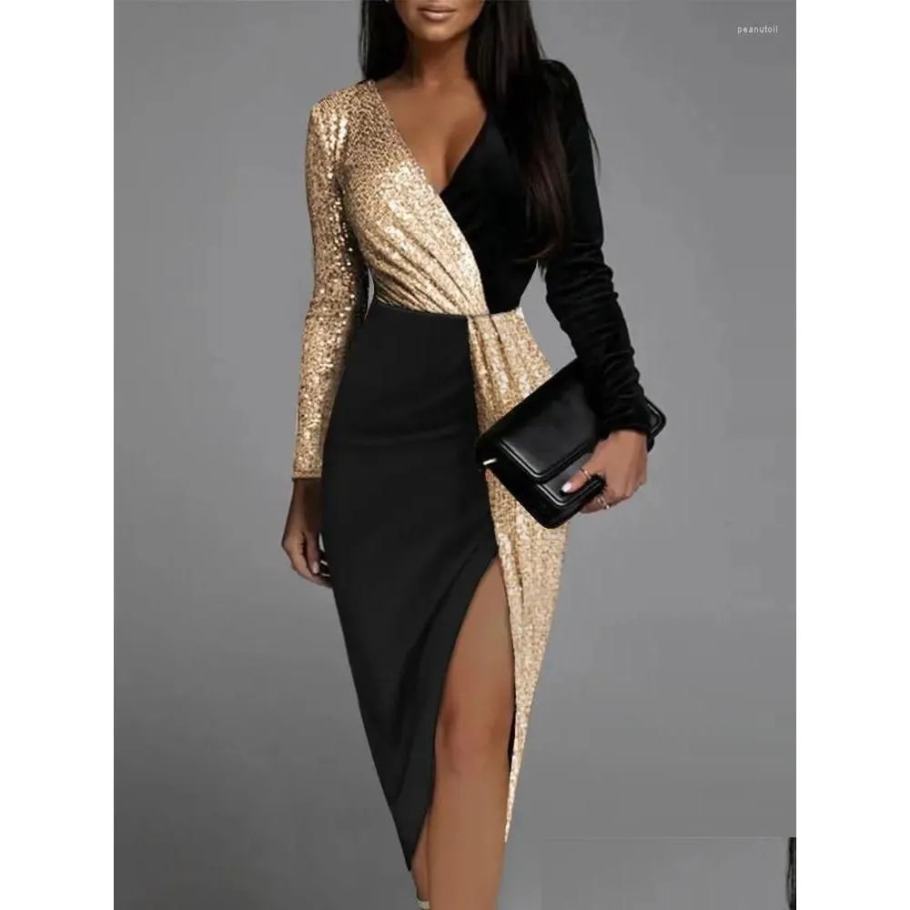 Casual Dresses Sexy Very Elegant Black Luxury Prom Sequins Cocktail Party Evening Chic Women Long Sleeve V-neck Bodycon Dress Clothes