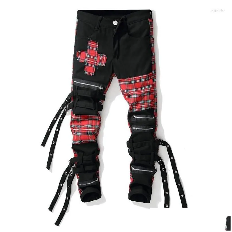 Men`s Jeans Men`s Streetwear Personality Black Red Plaid Patchwork Cross Slim Straight Trendy Multi Fake Zippers Bandage Denim Pants