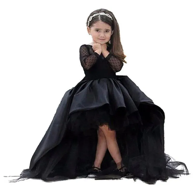 Girl`s Dresses Black Flower Girl High Low Scoop Long Sleeves Floor Length Satin Tulle Ball Gown Kids Wedding Party DressesGirl`s